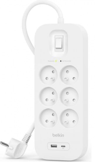 Мережевий фільтр Belkin 6хTypeE 16А USB-A/USB-C 2 м (SRB002CA2M)
